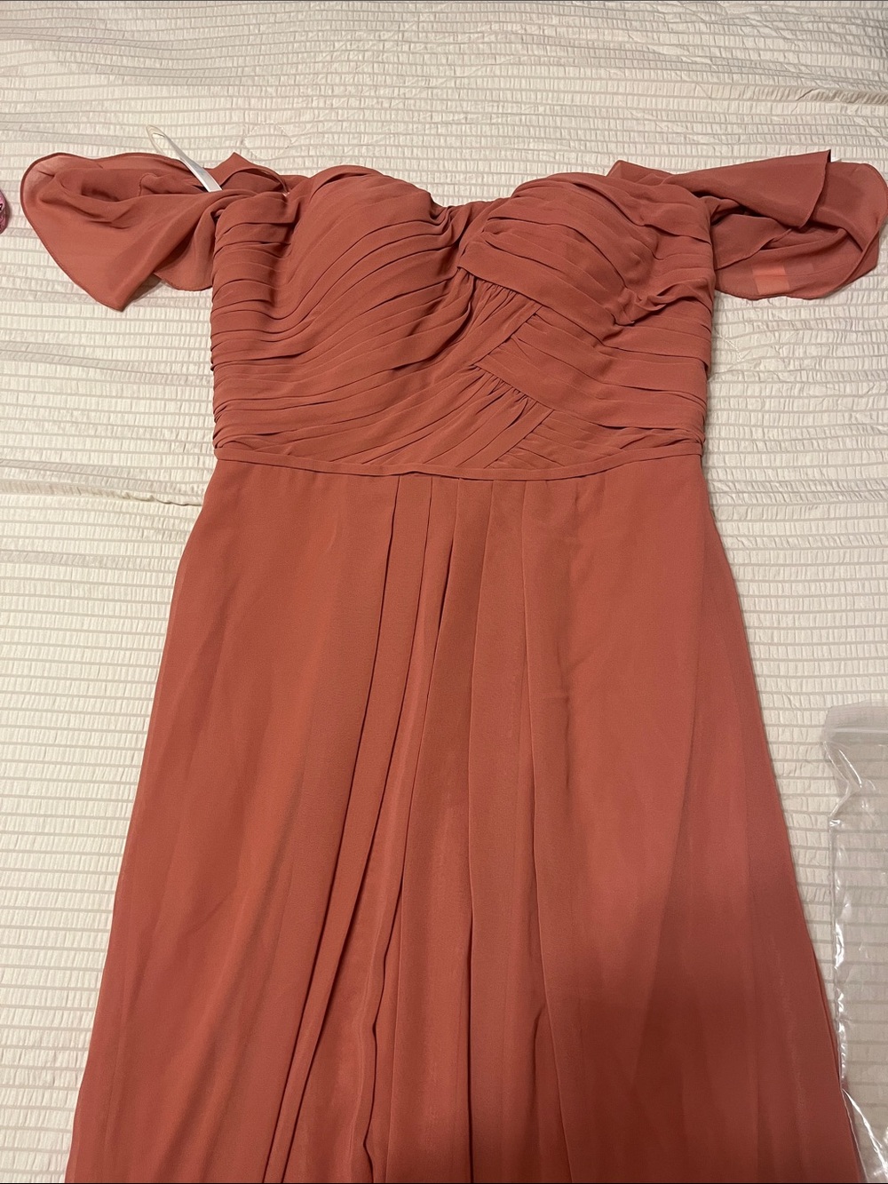 Off-Shoulder Chiffon Wedding Dress in Rust Pink